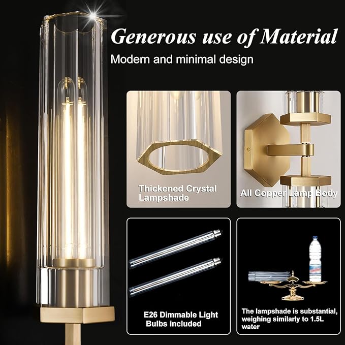 Gold Crystal Bathroom Wall Sconce Light Fixture Modern Bathroom Vanity Light - Image 2