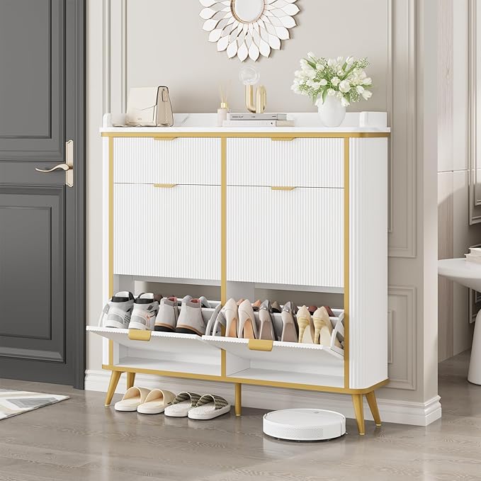 Fluted Shoe Cabinet Storage, Modern Slim Shoe Organizer Cabinet by RNLRNL