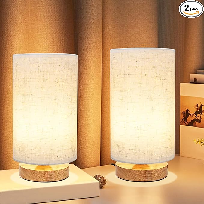 Small Bedside Table Lamp for Bedroom set of 2, Minimalist Wood Base & Round by UCHENTON