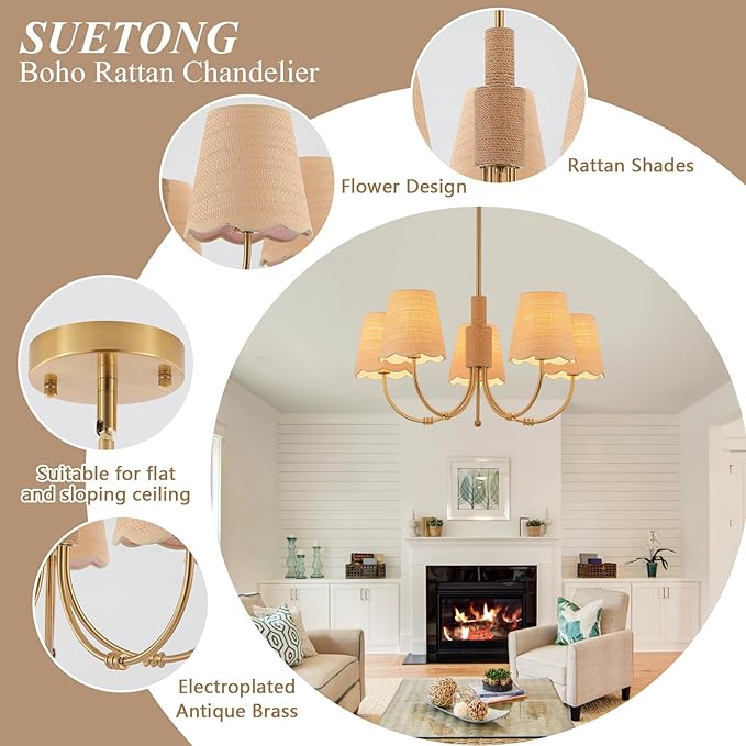 Boho Rattan Chandelier with Fabric Shade, Antique Gold Brass Farmhouse - Image 4
