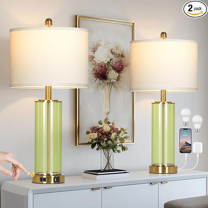 26" Green Glass Table Lamps for Bedside, Modern Living Room Lamps Set of 2 by Home