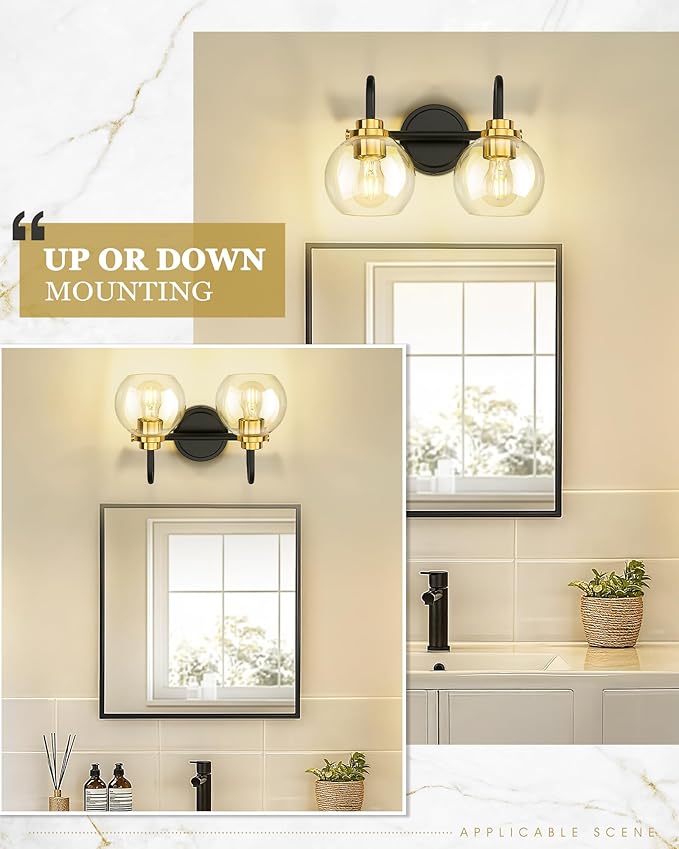 Bathroom Light Fixtures, 2-Light Black and Gold Vanity Lights - Image 5
