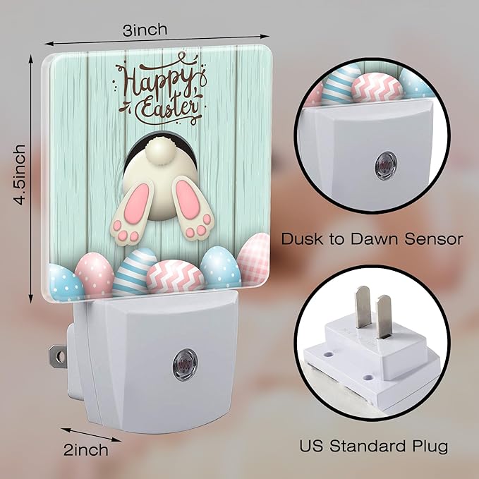 Happy Easter Night Light Plug into Wall, Easter Bunny and Colorful Eggs Dusk to - Image 2