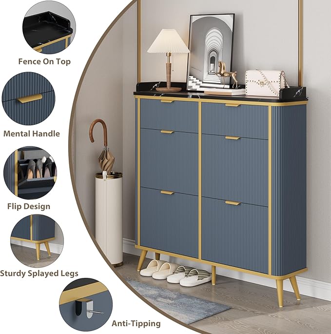 Fluted Shoe Cabinet Storage, Modern Slim Shoe Organizer Cabinet - Image 8