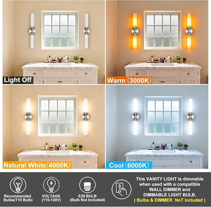 LaLuLa Brushed Nickel Vanity Lights – 2-Light Hardwired Bathroom Light Fixtures - Image 5