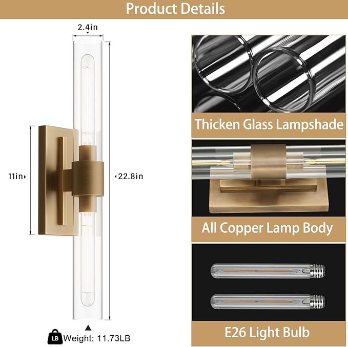 Gold Wall Sconces Set of Two, Brass 22.8" Sconces Wall Lighting, Bathroom - Image 8