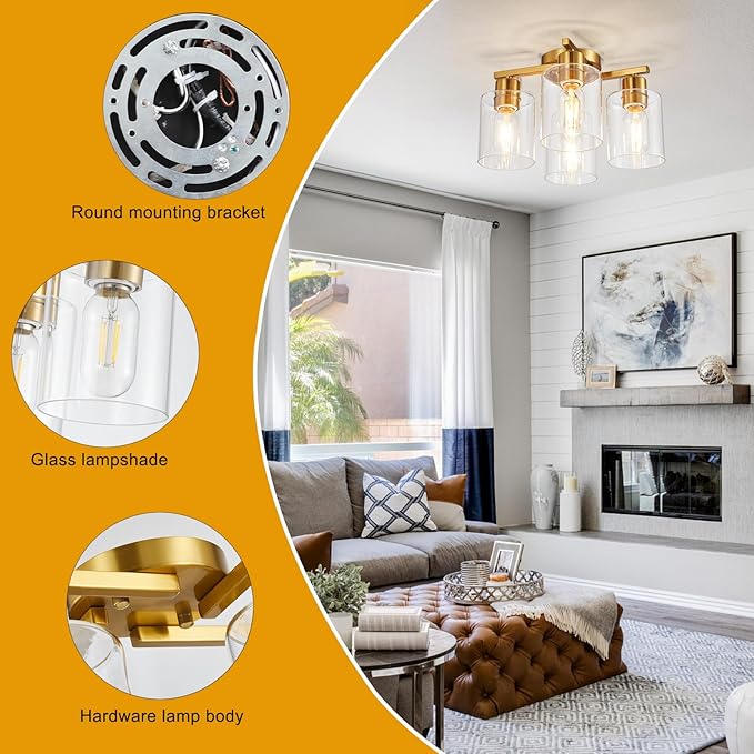 4 Light Semi Flush Mount Ceiling Light Brushed Gold Kitchen Lighting Fixtures - Image 5