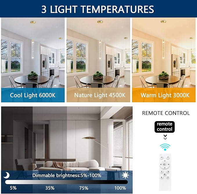 1-Light Modern Crystal Chandeliers LED Dimmable Pendant Lighting - Image 3