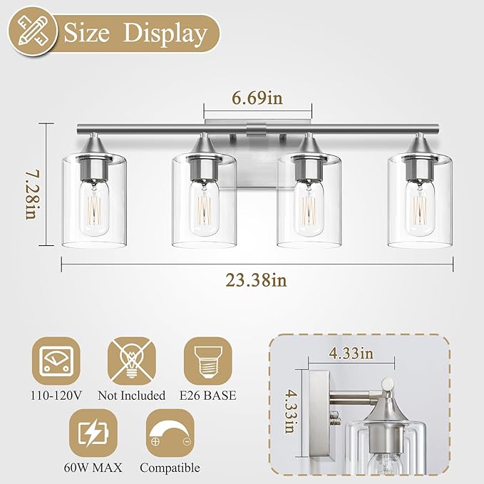 4-Light Bathroom Light Fixtures, Brushed Nickel Vanity Lighting Fixtures - Image 4
