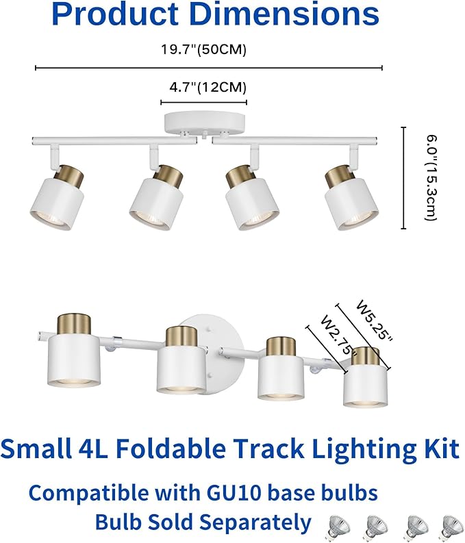 4 Light Track Lighting Kit, Matte White Brass Finish Adjustable - Image 9