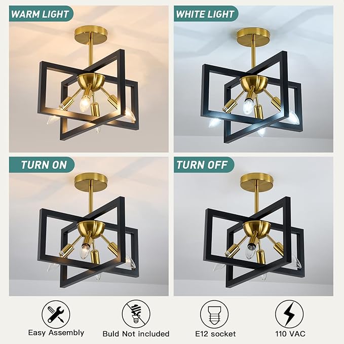 ZGLAOJT 4-Lights Ceiling Light Fixture Modern Black and Gold Semi Flush Mount - Image 4