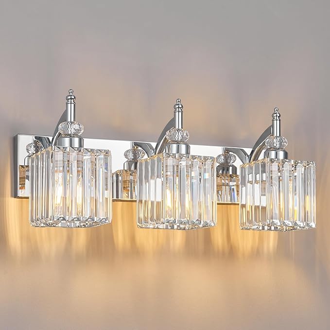 Modern Bathroom Vanity Light 3-Light Chrome Crystal Light Fixtures Over Mirror by BBLLWJ