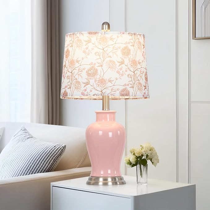 Pink Ceramic Table Lamp with Flower Lampshade, Modern Living Room Lamps Set 2 - Image 3