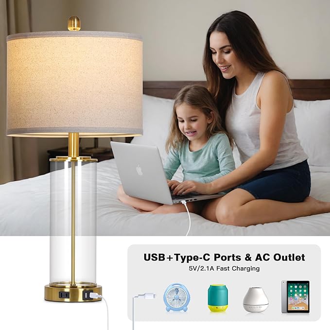 26" Gold Glass Table Lamps Set of 2, 3-Way Dimmable Touch Control Living Room - Image 4