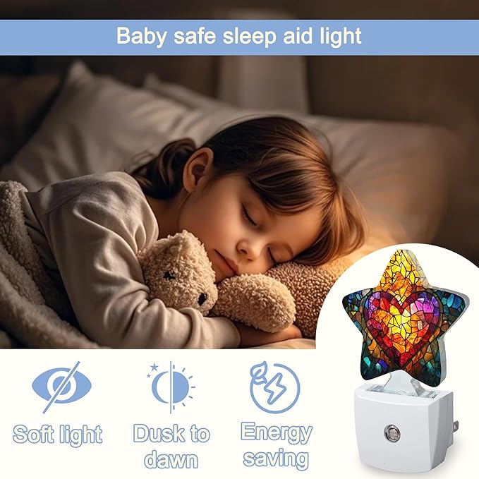 Love Heart Stained Glass Night Lights Plug Into Wall, Abstract Star Night Light - Image 6