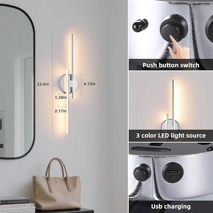 Rechargeable Battery Operated Wall Sconce Set Of Two, Chrome Wireless LED Wall - Image 5