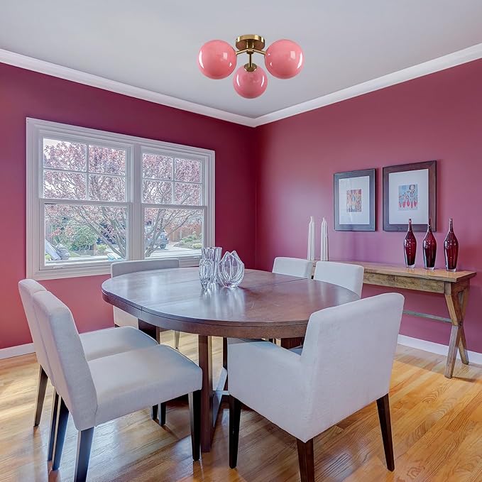 Pink Semi Flush Mount Ceiling Light Fixture, 3 Light Opal Glass Globe Mid - Image 9