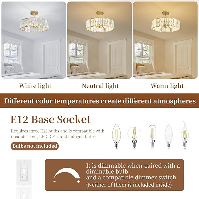Modern Crystal Chandelier for Dining Room, 16 Inch Gold Semi Flush Mount - Image 5