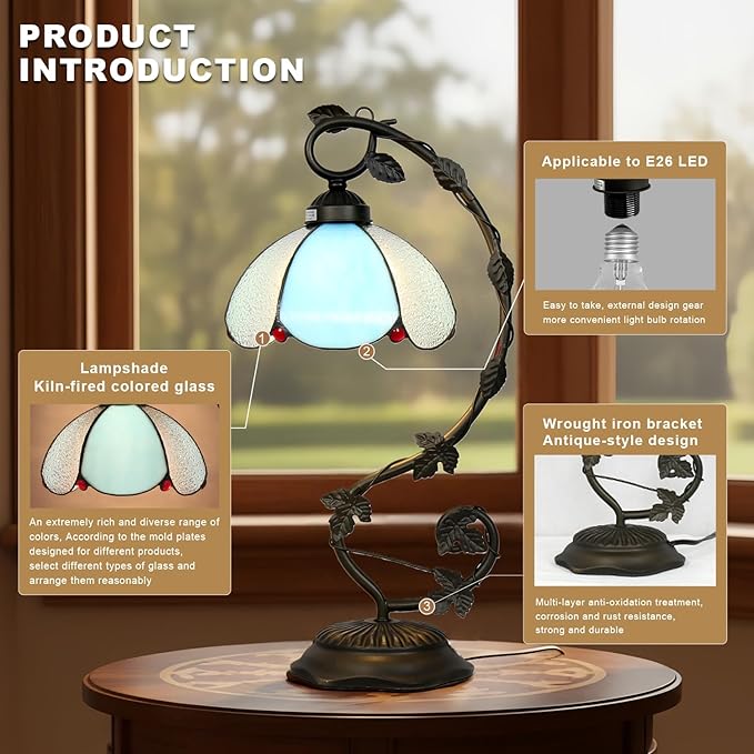 Stained Glass Table Lamp, Vintage Table Lamp, Bronze Metal Leaf Base Lamp - Image 5