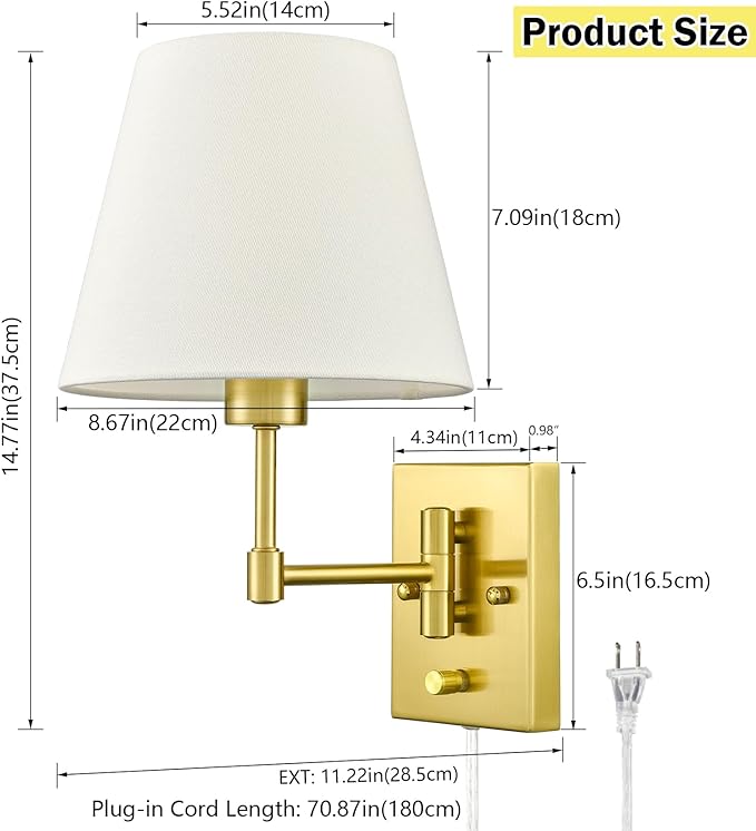 SAMTEEN Gold Plug-in Wall Sconces Set of Two Beige Shade Brass Swing Arm Wall - Image 6