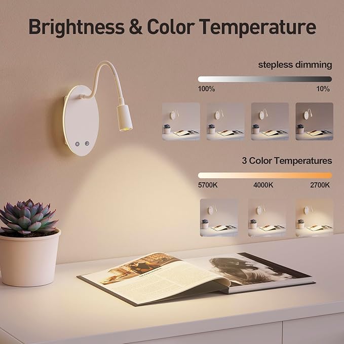 Rechargeable Cordless Reading Light, 360° Adjustable Bedside Lamp, 3 Color - Image 2