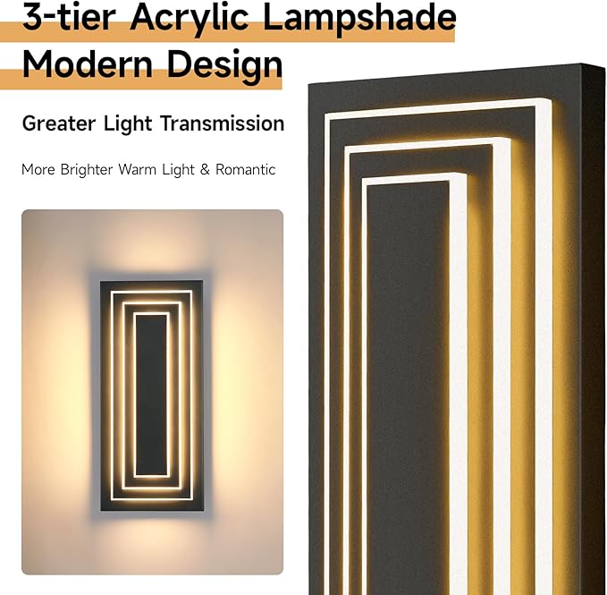 3-Tier 15.7 in Outdoor Light Fixture Black Exterior Wall Light LED Modern Wall - Image 2