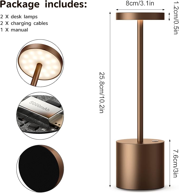 2Pack Cordless Table Lamp, Rechargeable LED Battery 5000mAh Metal USB Portable - Image 7