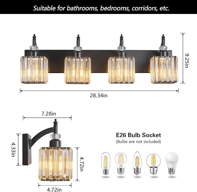 Modern Bathroom Vanity Light 4-Light Black Crystal Light Fixtures Over Mirror - Image 4