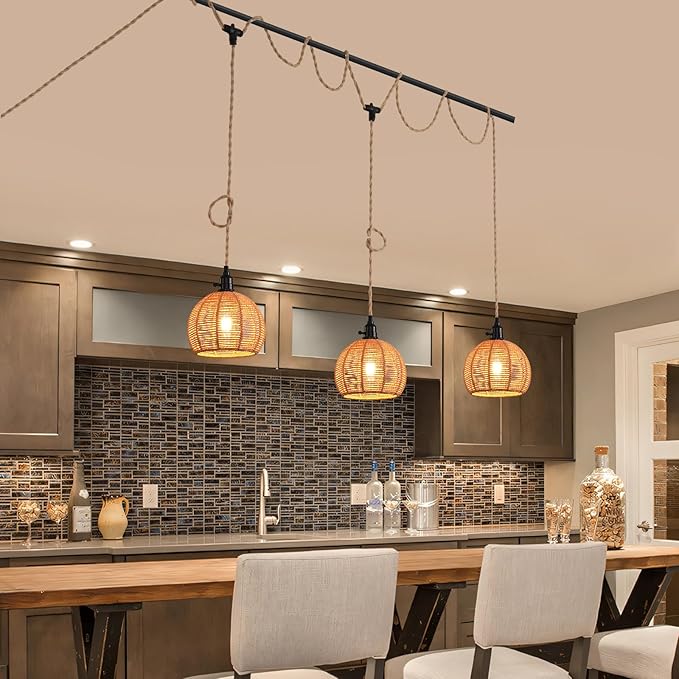 3-Light Hanging Light with Plug in Cord, Plug in Pendant Light 22ft Hemp Rope - Image 3