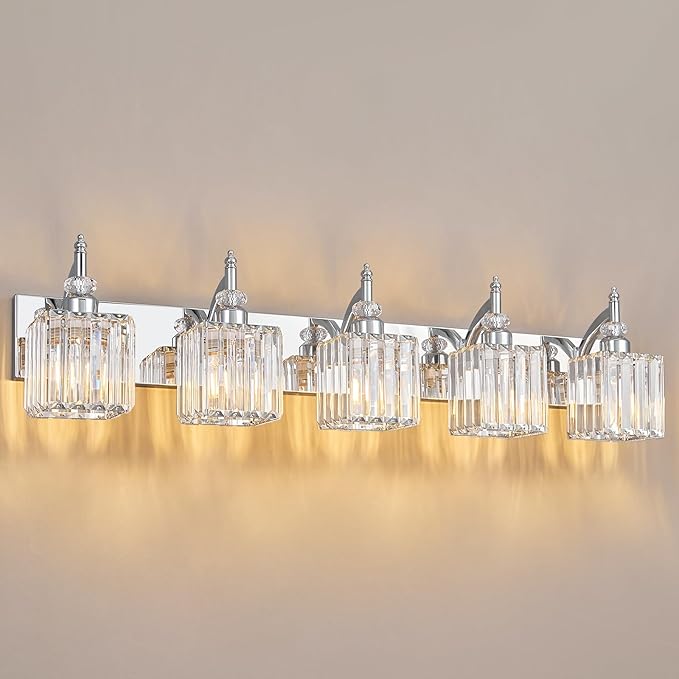 Crystal Vanity Lights Chrome 5 Light Bathroom Light Fixtures Over Mirror Modern by BBLLWJ