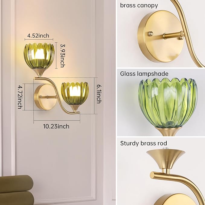 Battery Operated Wall Sconce, 2-Lights Vinatge Brass Wall Lighting - Image 5