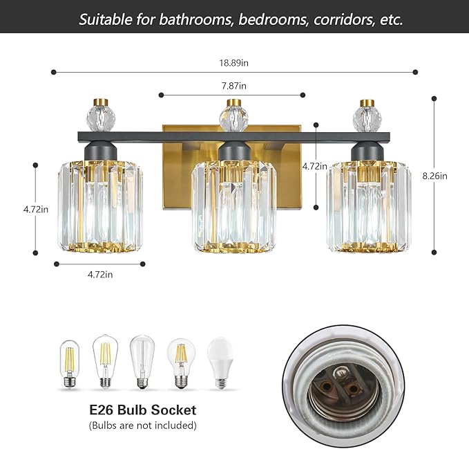 Bathroom Vanity Lights 3-Light Sand Black Gold Modern Crystal Vanity Light - Image 5