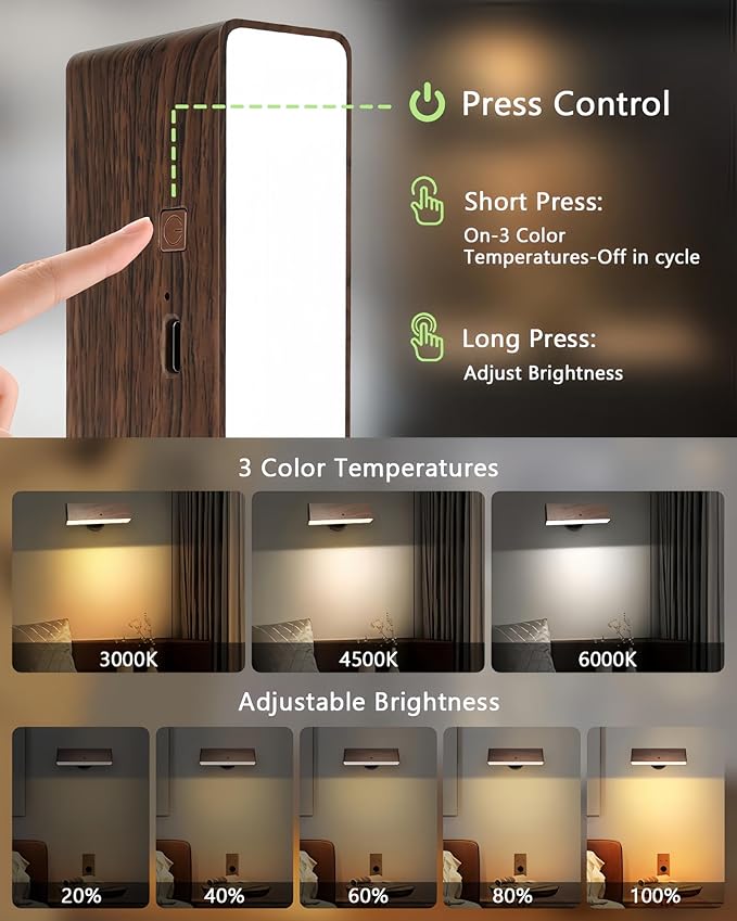 Battery Operated Wall Sconces Set of 2: Wireless Rechargeable Wall Light - Image 5