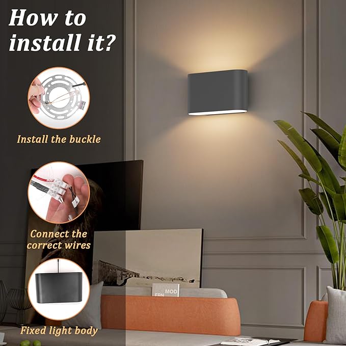 Aipsun Black Modern LED Wall Sconces Set of 2 Indoor Wall Lights Hardwired Up - Image 5