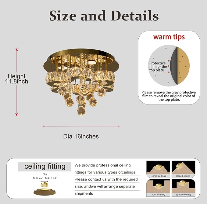 Flashing God 16" Gold Crystal Chandelier Semi Flush Mount Ceiling Light Crystal - Image 4