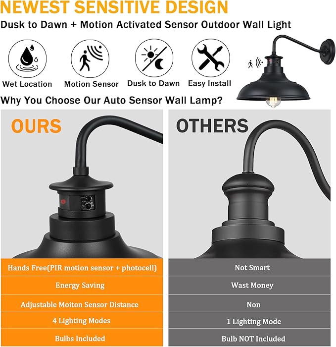 Dusk to Dawn Motion Activated Sensor Gooseneck Outdoor Wall Light Fixture - Image 6