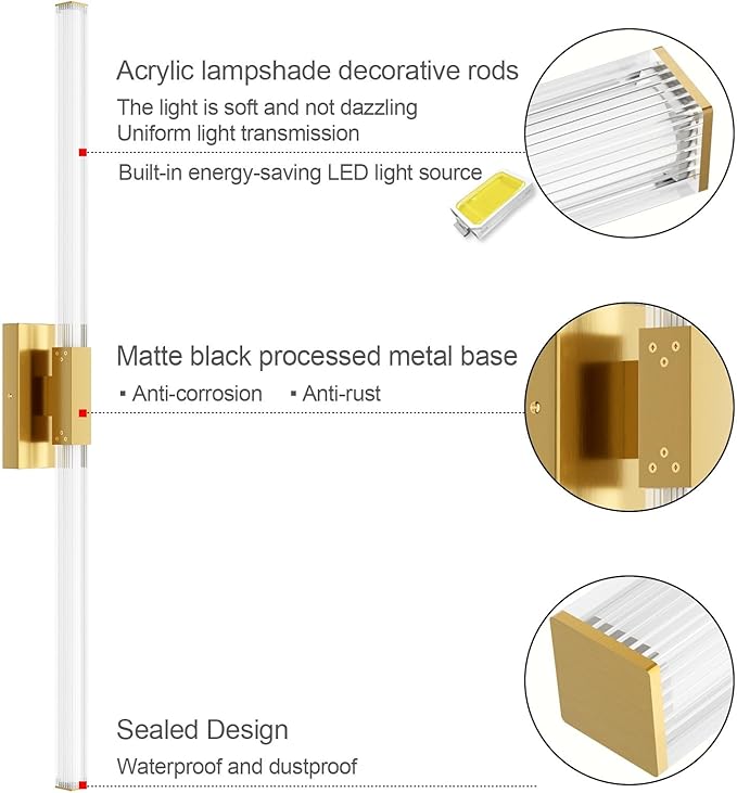 Ralbay Matte Gold 40inch Bathroom Vanity Lights Fixtures Over Mirror 32W Modern - Image 4