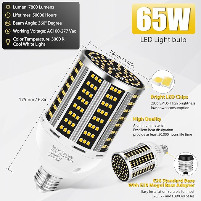 65W LED Corn Light Bulb 2 pack, Warm White 3000K E26/E39 Commercial Grade - Image 3