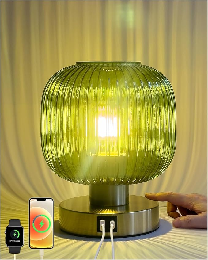 Big Touch Table Lamp, Elegant Green Glass Bedside Lamp 3 Way Dimmable by Elenhome