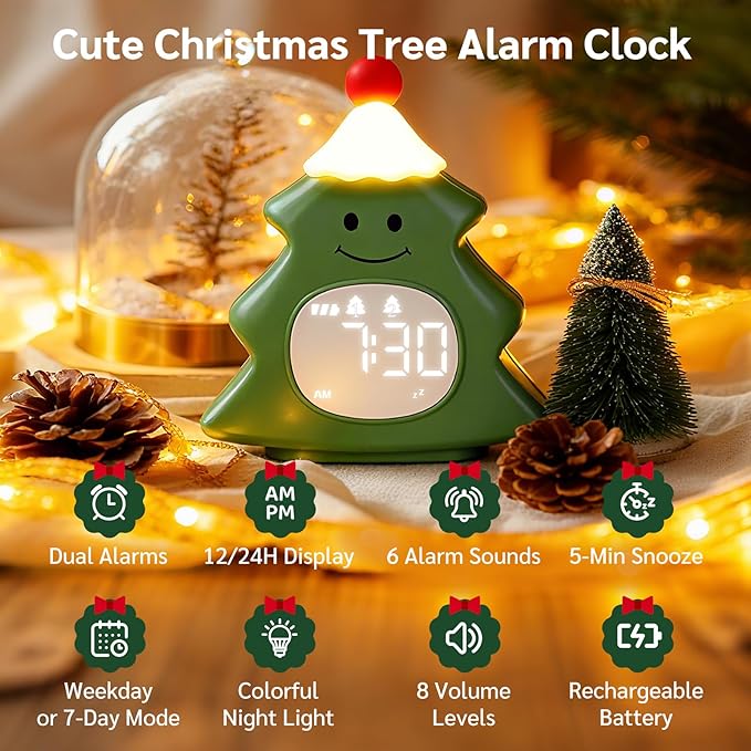 Yiliaw Kids Alarm Clock with Night Light, Christmas Tree Wake Up Clock - Image 2