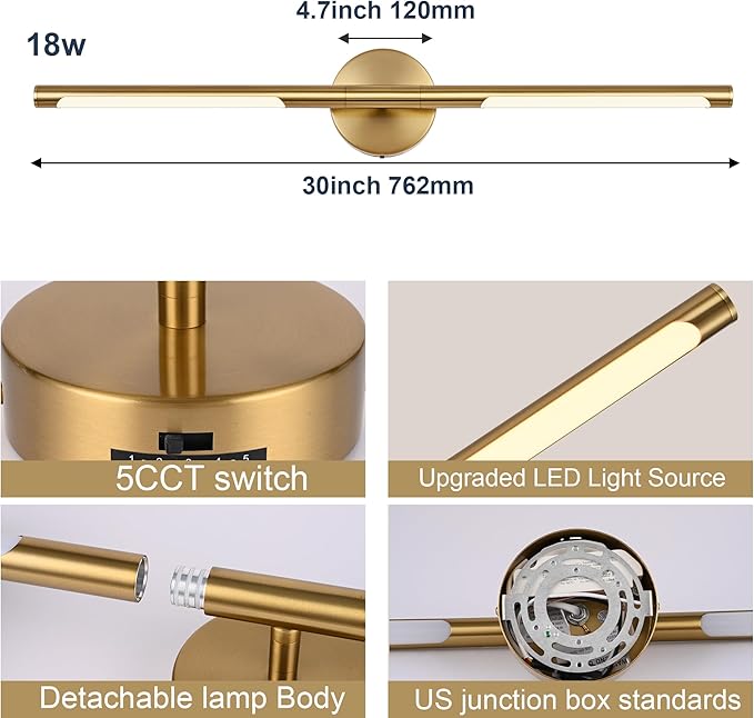 BONLICHT 30 inch LED Vanity Light Brushed Brass 5 Color Temperature Dimmable - Image 5