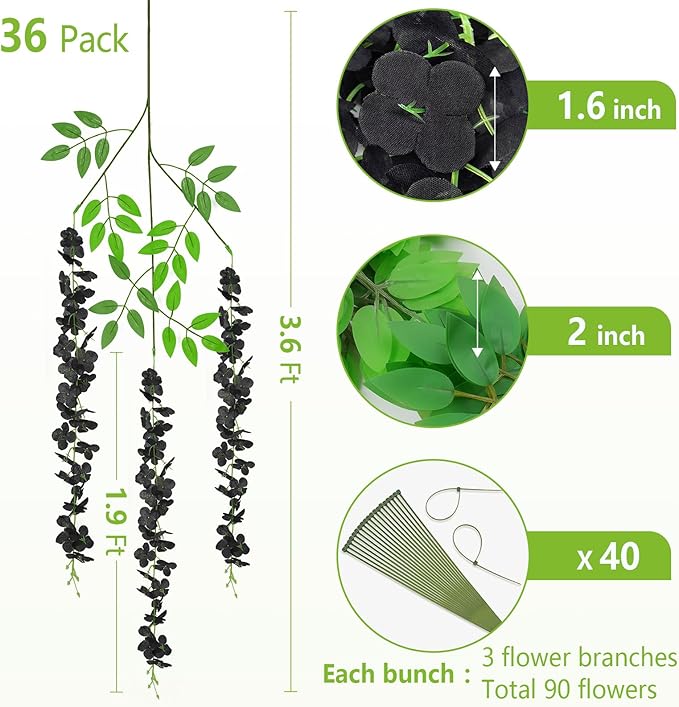 BLEUM CADE 36Pcs Black Fake Wisteria Hanging Flowers, 3.6Ft/Pcs Artificial - Image 2