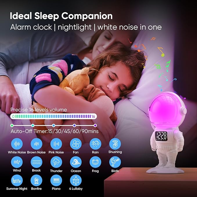 Astronaut Sunrise Alarm Clock for Kids, 22 Dimmable Nightlights, Dual Digital - Image 5