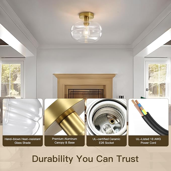 Semi Flush Mount Ceiling Light Fixture, 10-1/2 Inch Clear Glass Shade, Brushed - Image 4