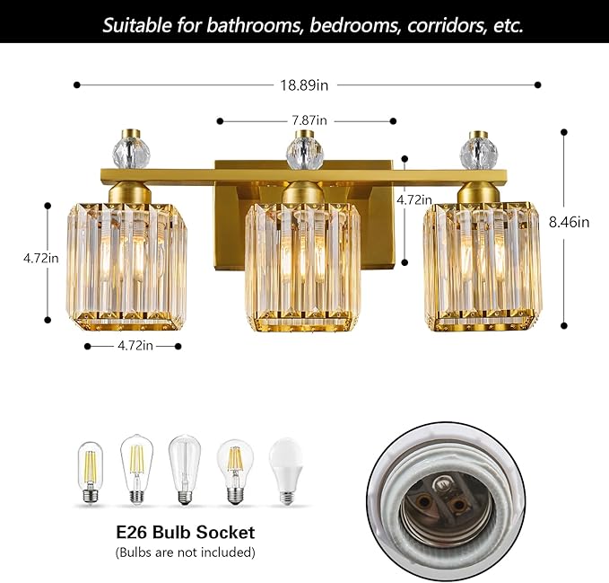 Bathroom Vanity Lights 3-Light Modern Crystal Vanity Light Gold Bathroom Light - Image 5