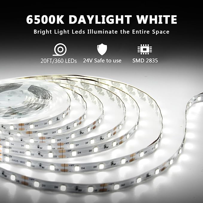 dalattin White LED Strip Lights, 20ft Dimmable Super Bright 24V Led Tape Light - Image 2