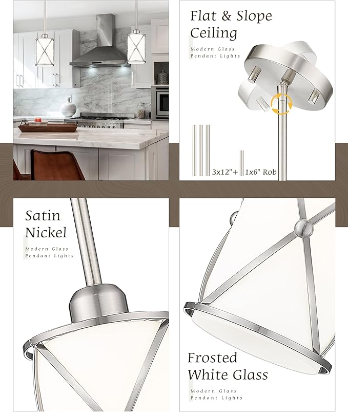 Brushed Nickel Pendant Lights Kitchen Island 3 Pack, Milk Glass Kitchen Pendant - Image 2