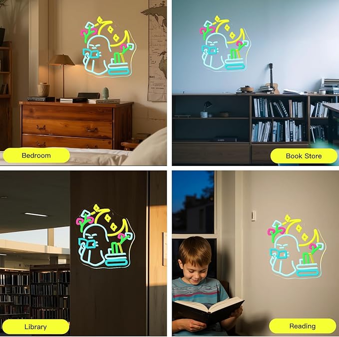 Little Ghost is Reading Books Neon Sign, Whimsical Study Vibes Neon Light - Image 4