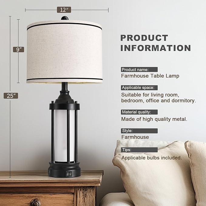 25'' Table Lamps for Bedroom Living Room Lamps Set of 2 Farmhouse Nightstand - Image 6
