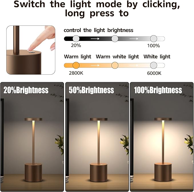 2Pack Cordless Table Lamp, Rechargeable LED Battery 5000mAh Metal USB Portable - Image 2